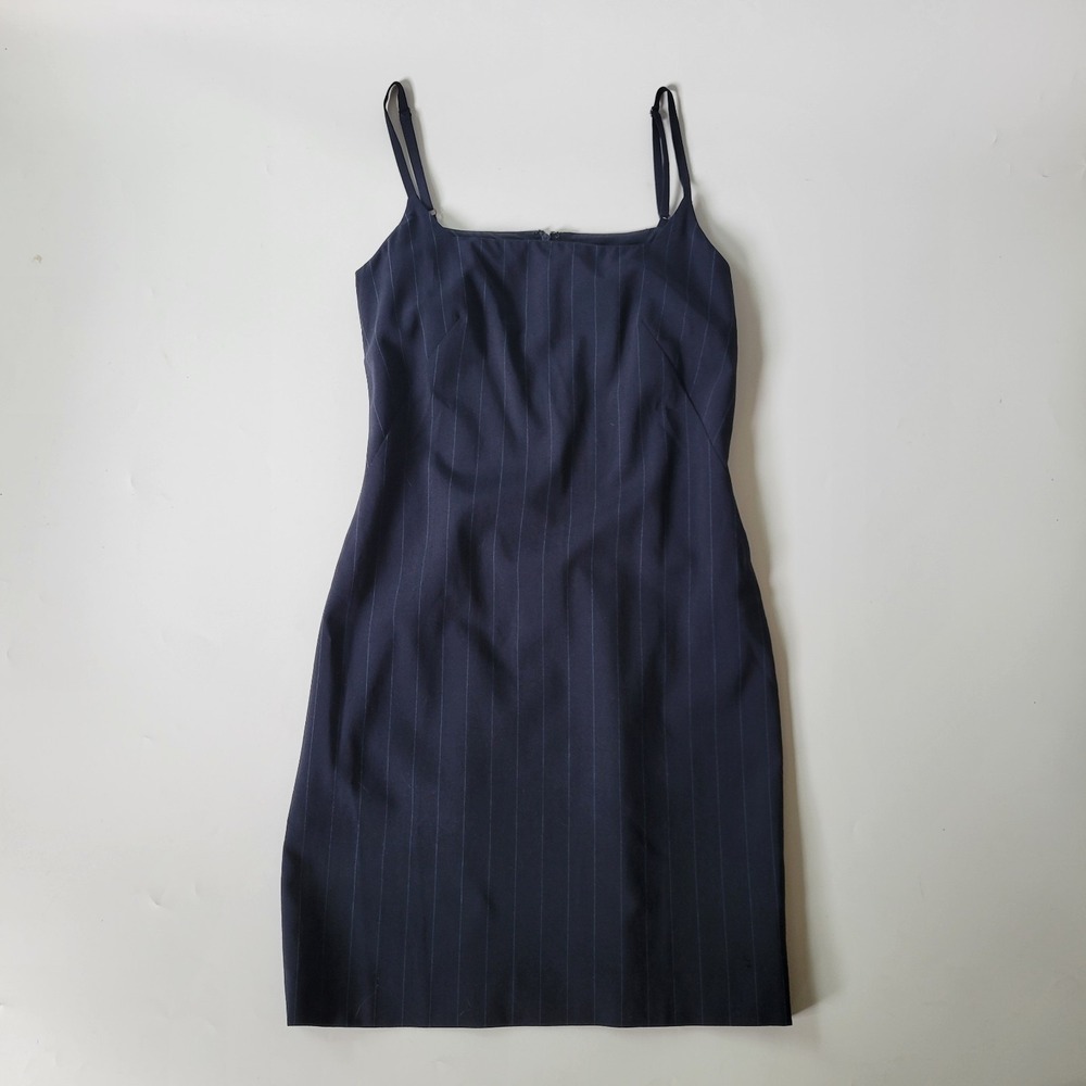 Georgiou Studio‎ Square Neck Sheath Dress 2 Navy Blue Pinstripe Academia Preppy
